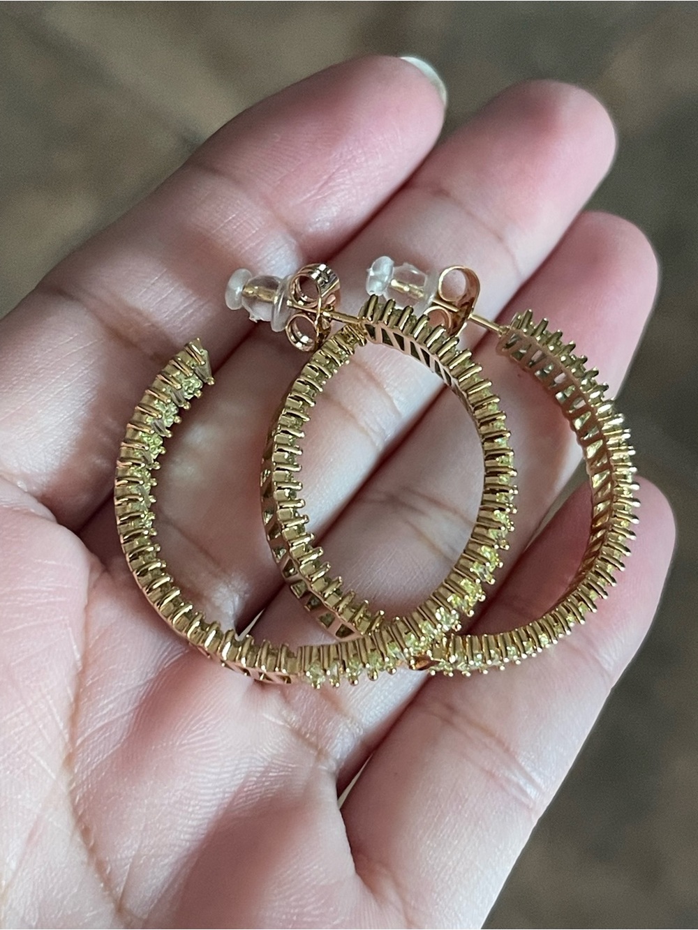 Gold Hoop Earrings with Green Baguette Stones - Picture 3 of 3